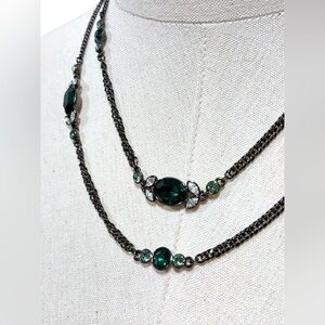 GIVENCHY Vintage Emerald Green Crystal Gunmetal Layered Necklace